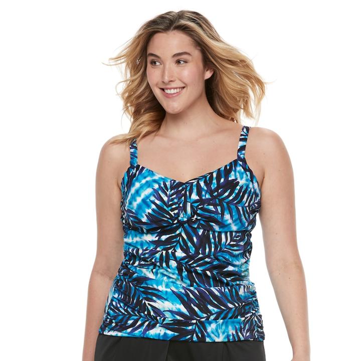 Plus Size Trimshaper Brandy Bust Enhancer Knot-front Tankini Top, Women's, Size: 20 W, Blue Multi