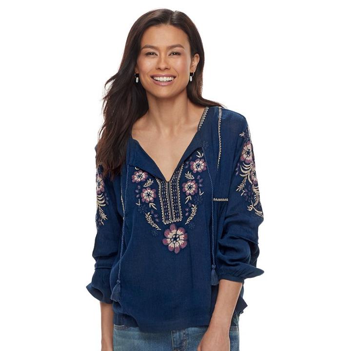 Petite Sonoma Goods For Life&trade; Embroidered Peasant Top, Women's, Size: Xs Petite, Dark Blue