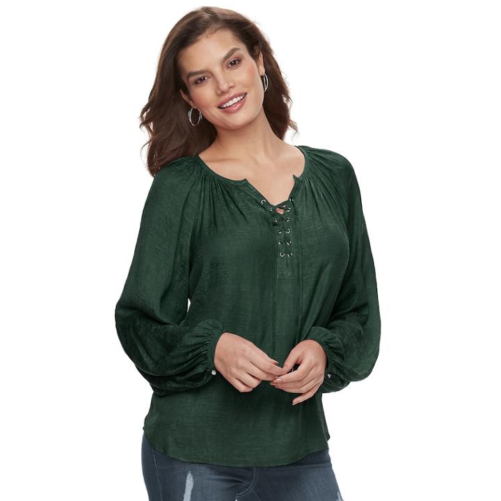 Women's Jennifer Lopez Lace-up Satin Peasant Top, Size: Xs, Dark Green