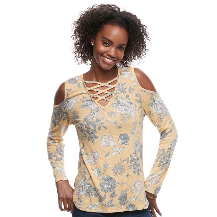 Juniors' Love, Fire Print Lace Up Cold-shoulder Top, Size: Medium, Med Yellow