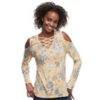 Juniors' Love, Fire Print Lace Up Cold-shoulder Top, Size: Medium, Med Yellow