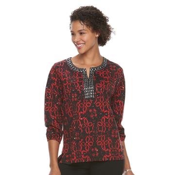 Women's Cathy Daniels Rhinestone Keyhole Top, Size: Xl, Red Geo