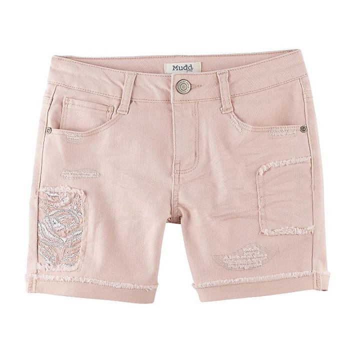 Girls 7-16 & Plus Size Mudd&reg; Pink Embroidered Flower Midi Jean Shorts, Size: 16, Light Pink