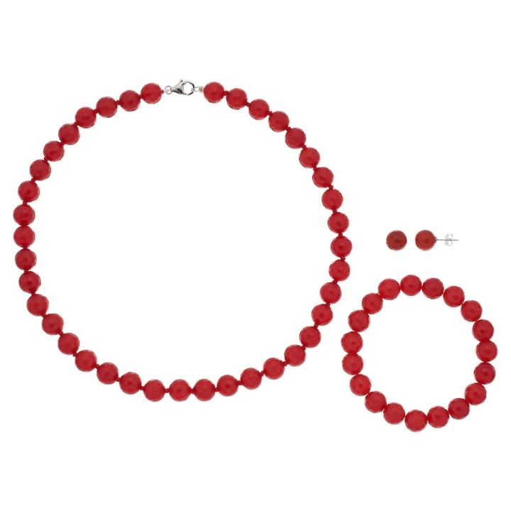 Sterling Silver Agate Bead Necklace Bracelet & Earring Set, Women's, Red