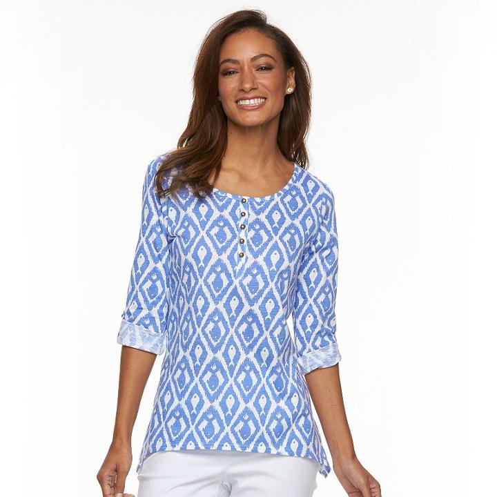 Women's Caribbean Joe Ikat Fish Shark-bite Tee, Size: Medium, Blue Other