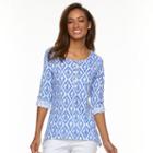 Women's Caribbean Joe Ikat Fish Shark-bite Tee, Size: Medium, Blue Other