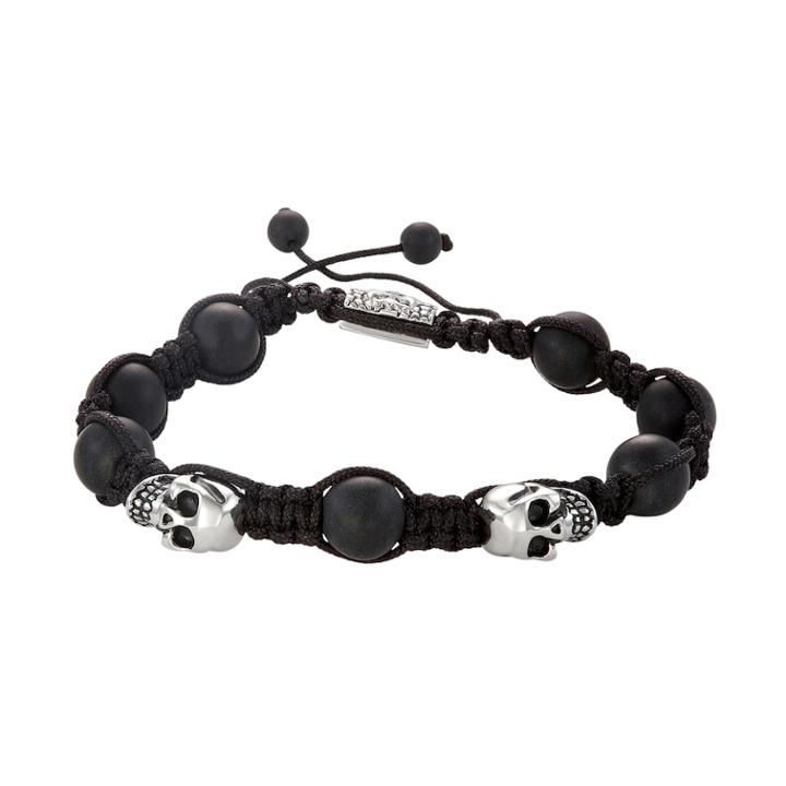 Men's Sterling Silver & Leather Skull Beaded Bracelet, Size: 9, Black