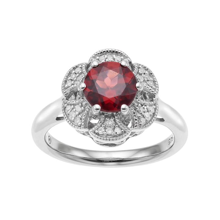 Simply Vera Vera Wang Sterling Silver Garnet & 1/10 Carat T.w. Diamond Flower Ring, Women's, Size: 7, Red