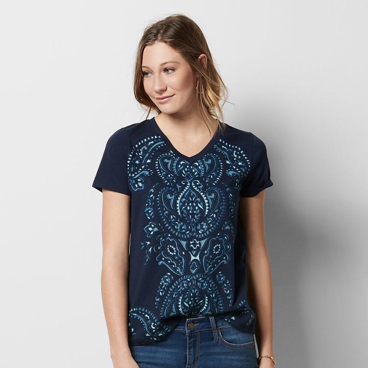 Women's Graphic V-neck Tee, Size: Large, Dark Blue