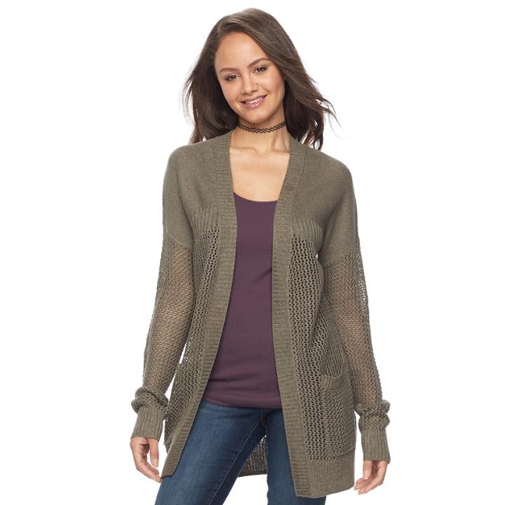 Juniors' So&reg; Drop Shoulder Open Stitch Cardigan, Teens, Size: Large, Med Green