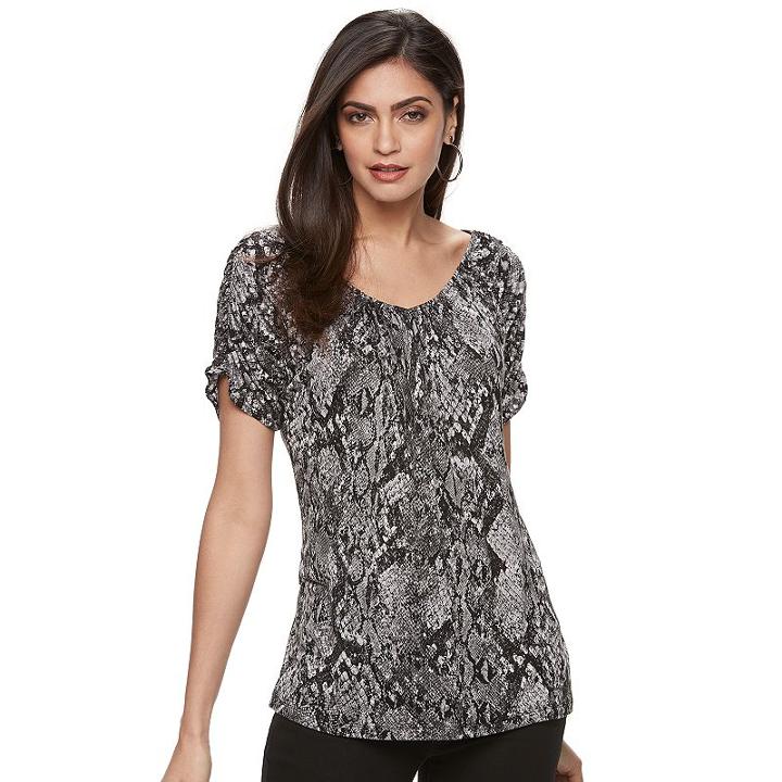 Women's Jennifer Lopez Ruched Print Tee, Size: Xs, Black