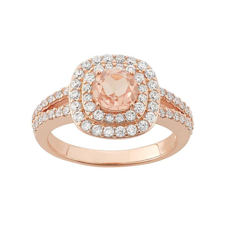 Peach Quartz Doublet & Cubic Zirconia 18k Rose Gold Over Silver Halo Ring, Women's, Size: 8, Pink