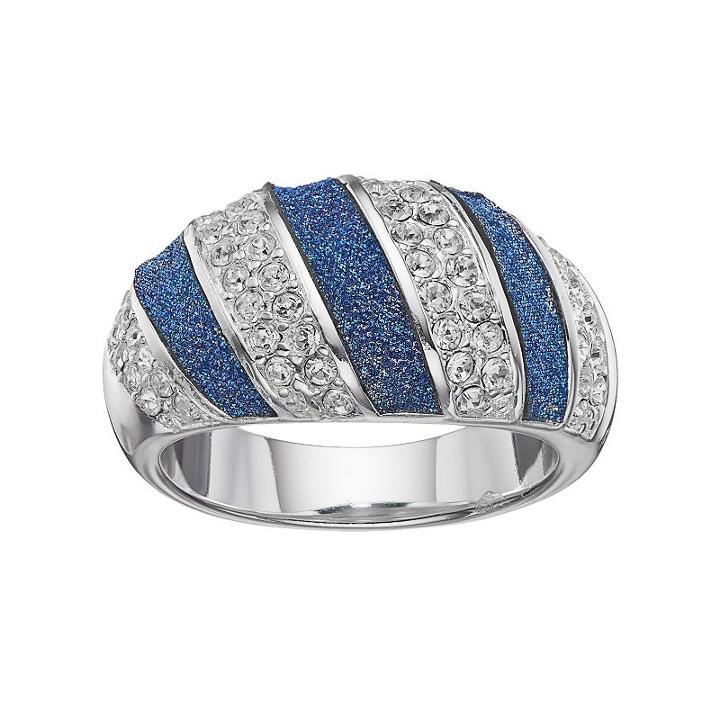 Brilliance Silver Plated Glitter Diagonal Striped Ring With Swarovski Crystals, Women's, Size: 7, Blue