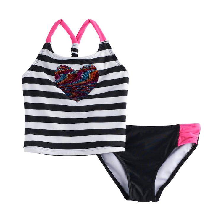 Girls 4-16 So&reg; Rainbow Flip Sequin Striped Tankini Top & Bottoms Swimsuit Set, Size: 7-8, Black