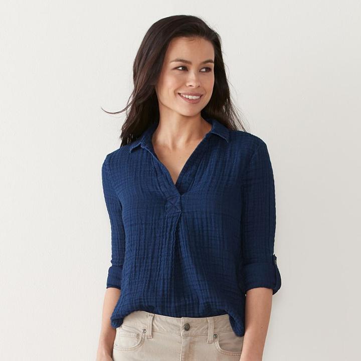 Petite Sonoma Goods For Life&trade; Textured Stripe Roll-tab Shirt, Women's, Size: M Petite, Purple