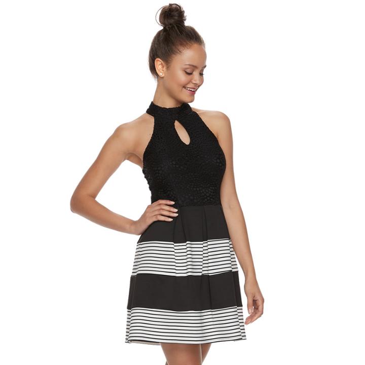 Juniors' Speechless Pleated Stripe Skater Dress, Teens, Size: Large, White Oth