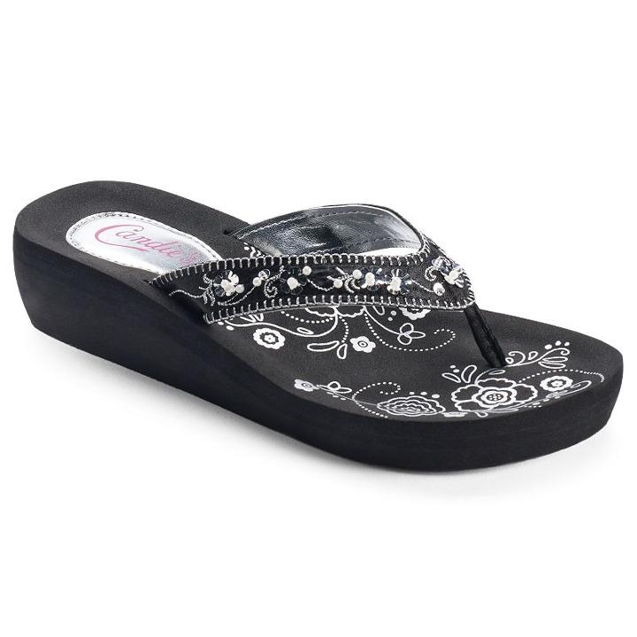 Candie's&reg; Women's Floral Simulated Pearl Wedge Flip-flops, Size: Small, Black
