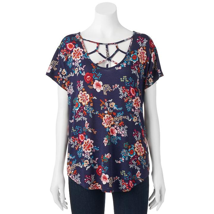 Juniors' Pink Rose Strappy Short Sleeve Top, Girl's, Size: Large, Blue (navy)