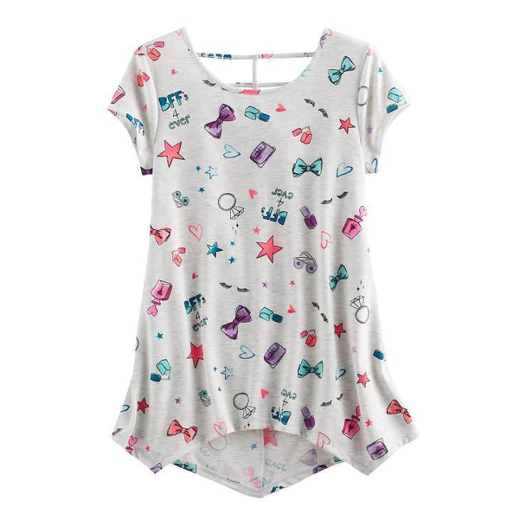 Girls 7-16 & Plus Size So&reg; Patterned Cageback Handkerchief Hem Legging Tee, Size: 10, Light Grey