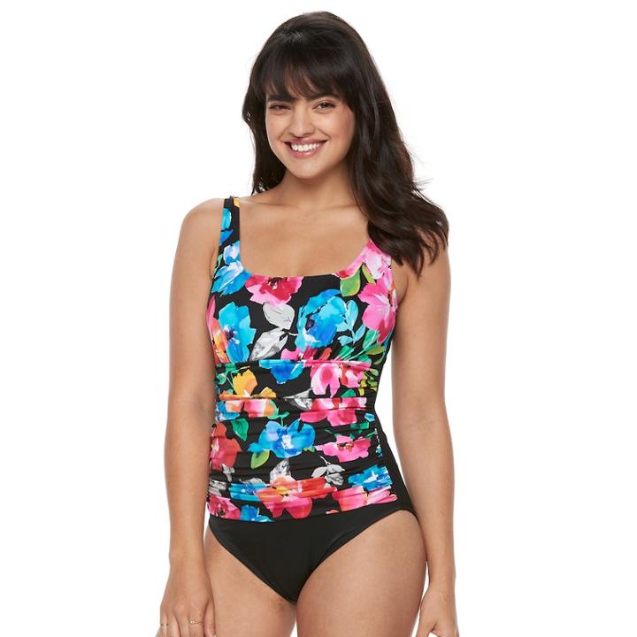 Women's Trimshaper Debbie Tummy Slimmer Ruched One-piece Swimsuit, Size: 10, Floral Multi