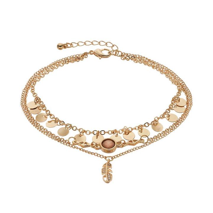 Mudd&reg; Shaky Disc Feather Charm Multi Strand Anklet, Women's, Gold