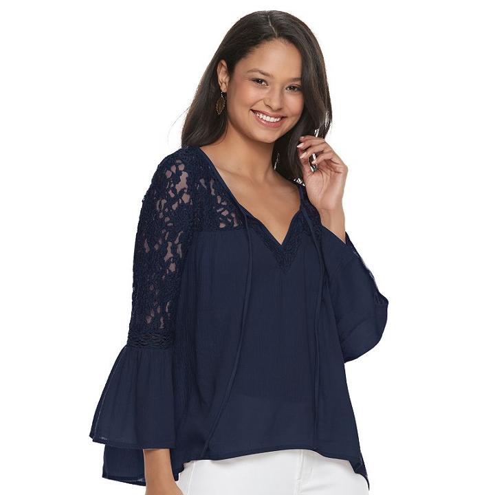 Juniors' Mudd&reg; Lace Sleeve Peasant Top, Teens, Size: Xl, Blue