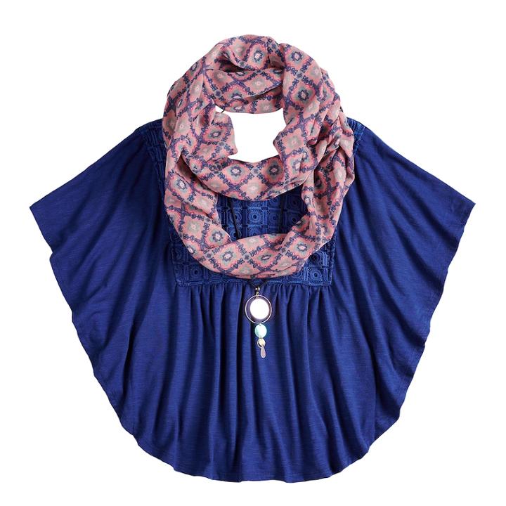 Girls 7-16 & Plus Size Self Esteem Circle Top Set With Scarf & Necklace, Size: Xl, Blue