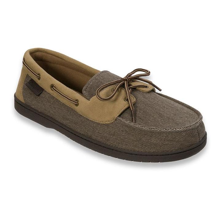 Dearfoams Men's Twill Boater Moccasin Slippers, Size: Medium, Lt Brown