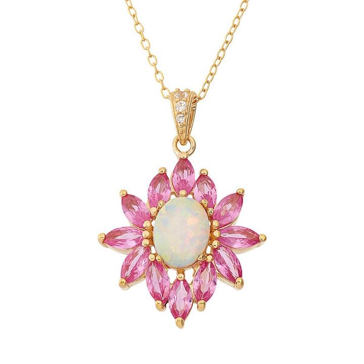 Lab-created Opal, Lab-created Pink Sapphire & Lab-created White Sapphire 18k Gold Over Silver Flower Pendant Necklace, Women's, Size: 18