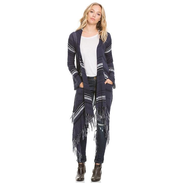Women's E By Elan Striped Fringe Cardigan, Size: Small, Blue (navy)