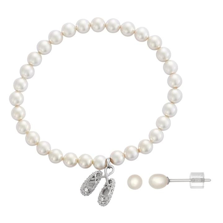 Lulabelle Kids' Shell Pearl Ballet Slipper Charm Stretch Bracelet & Stud Earring Set, Women's, White