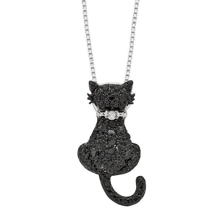 Sterling Silver 1/4-ct. T.w. Black And White Diamond Cat Pendant, Women's, Size: 18
