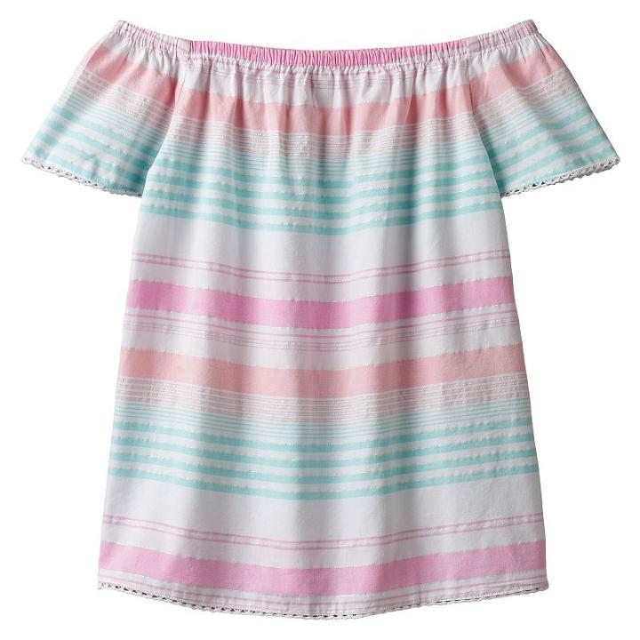 Girls 7-16 So&reg; Off Shoulder Metallic Striped Woven Babydoll Top, Girl's, Size: 16, Brt Pink