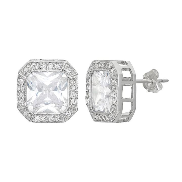 Cubic Zirconia Sterling Silver Octagon Halo Stud Earrings, Women's, White