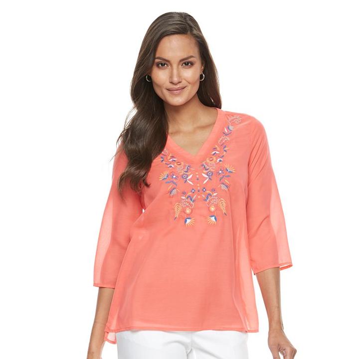 Petite Dana Buchman Embroidered V-neck Top, Women's, Size: S Petite, Lt Orange