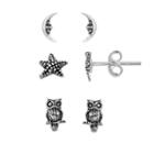 Itsy Bitsy Sterling Silver Moon, Starfish & Owl Stud Earring Set, Women's