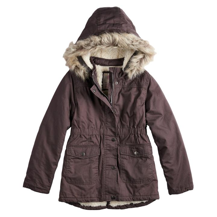 Girls 4-16 So&reg; Sherpa-lined Faux-fur Heavyweight Anorak Jacket, Size: 10-12, Dark Grey