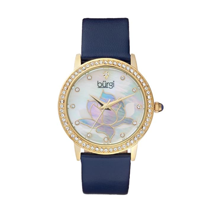 Burgi Women's Lotus Flower Crystal Leather Watch, Blue