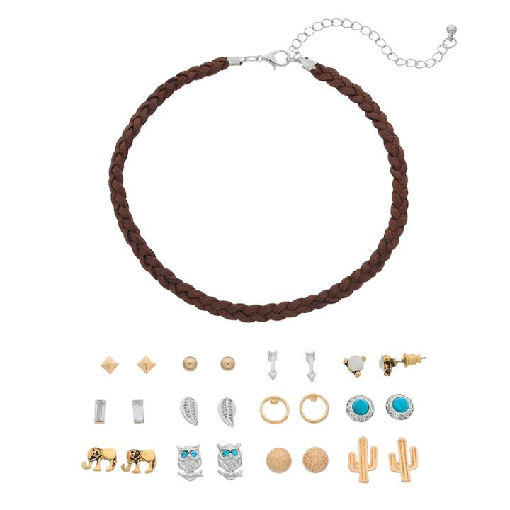Mudd&reg; Braided Choker Necklace & Cactus Stud Earring Set, Women's, Multicolor