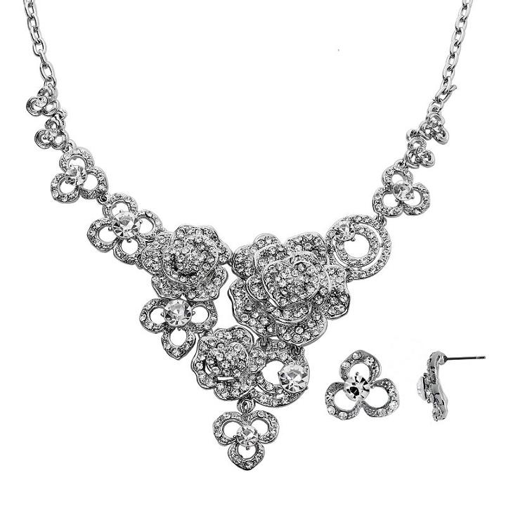 Crystal Allure Flower Bib Necklace And Stud Earring Set, Women's, Size: 16, White