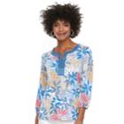 Women's Cathy Daniels Embellished Print Splitneck Top, Size: Large, Tropical Flowers