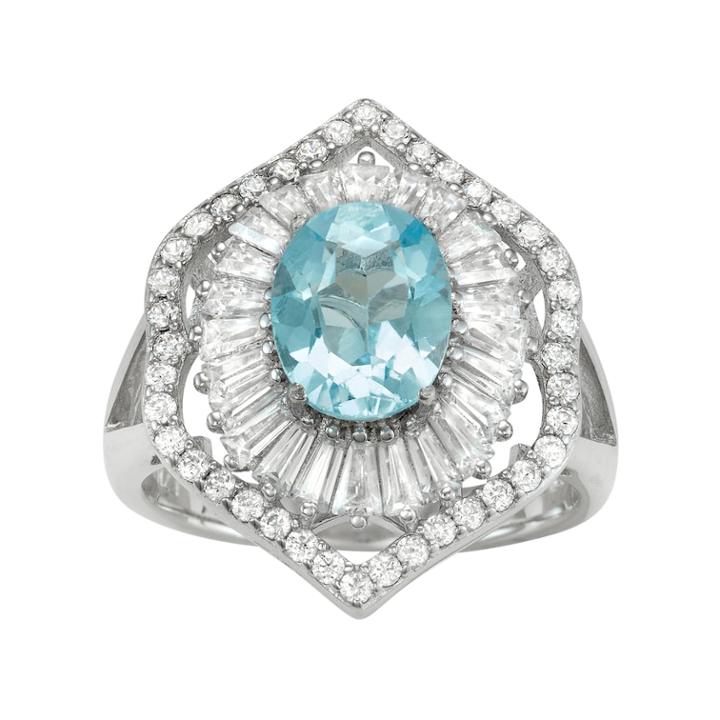 Sterling Silver Blue Topaz & Lab-created White Sapphire Baguette Halo Ring, Women's, Size: 8