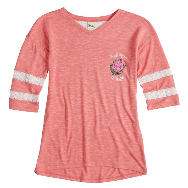 Girls 7-16 Mudd&reg; Crochet Striped Sleeve Varsity Tee, Size: 10, Med Pink