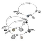 Feather Charm Adjustable Bangle Bracelet Set, Women's, Grey