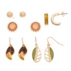 Leaf, Semi-hoop & Round Earring Set, Women's, Multicolor