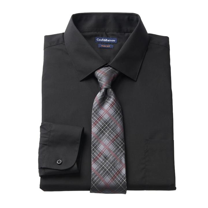 Men's Croft & Barrow&reg; Slim-fit Stretch-collar Dress Shirt And Patterned Tie, Size: M-32/33, Black
