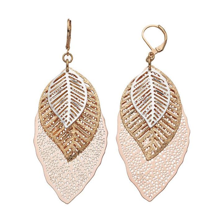 Tri Tone Openwork Leaf Drop Earrings, Women's, Multicolor
