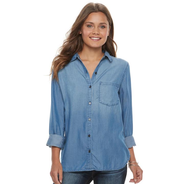 Juniors' So&reg; Plaid Button Down Shirt, Size: Xxs, Blue