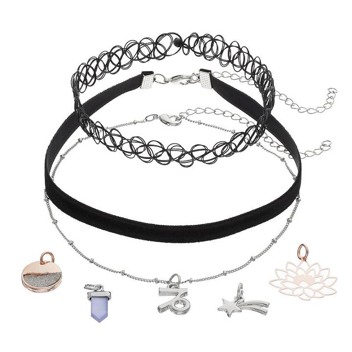 Mudd&reg; Capricorn, Star & Lotus Flower Charm Choker Necklace Set, Women's, Black