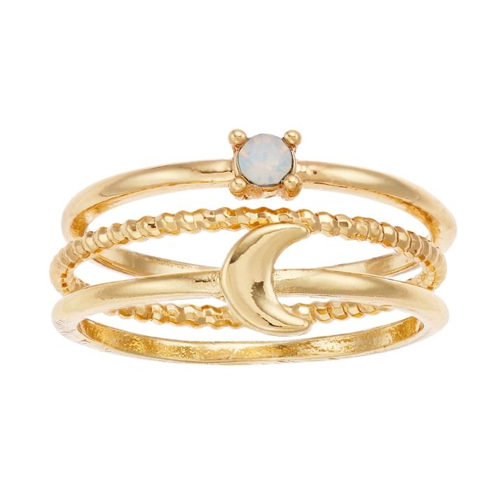Lc Lauren Conrad Gold Tone Simulated Crystal Moon Ring Set, Women's, White